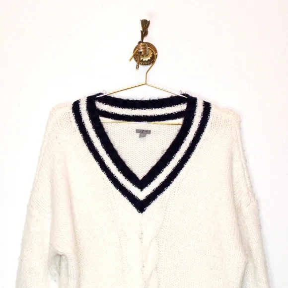 Aerie Oversized White + Navy Cable Knit Varsity Sweater - Picture 2 of 4